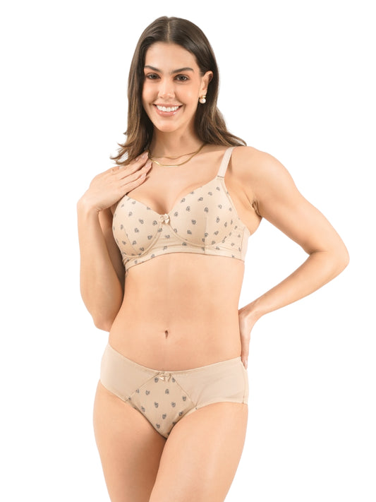Padded Cotton & Mesh Full Coverage Bra & Panty Set with Heart Print