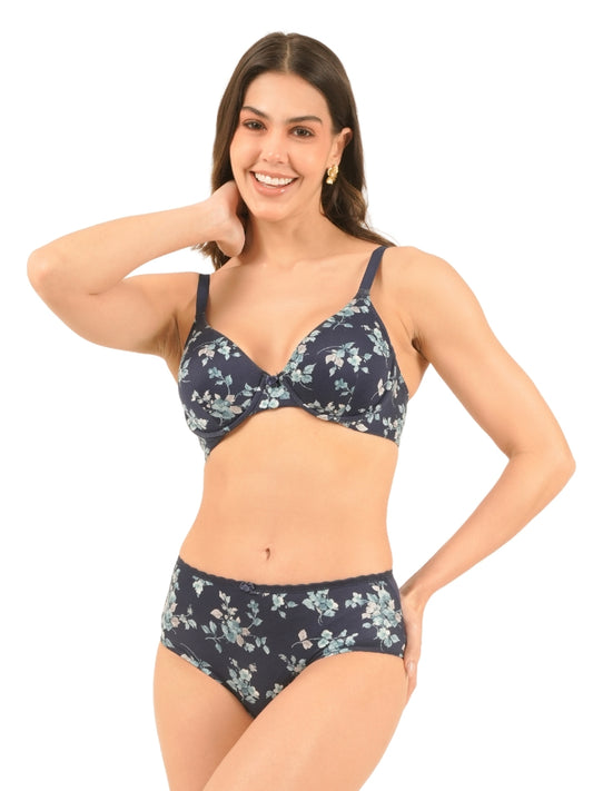 Floral Printed Cotton Wired Padded Full Coverage Bra & Panty Set