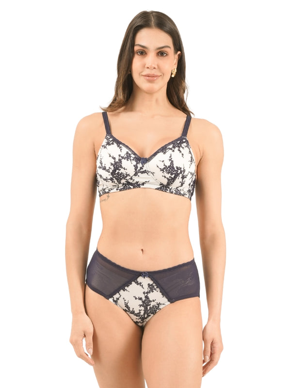 Floral Printed Cotton Wired Padded Full Coverage Bra & Panty Set