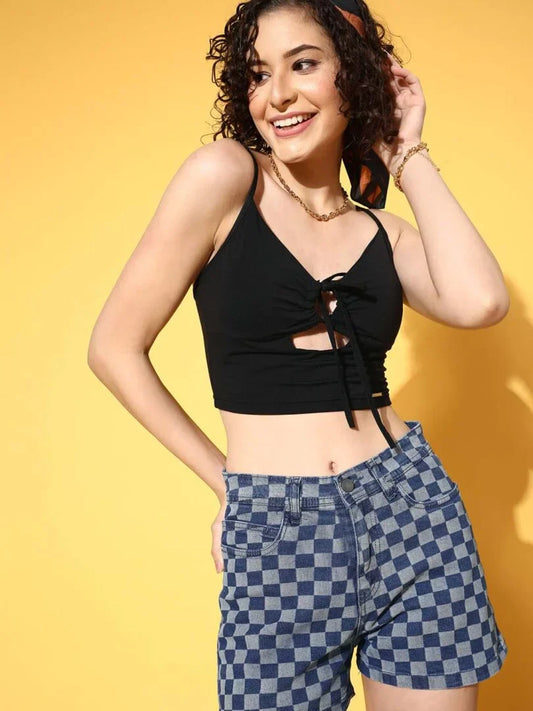 Black Front Ribbed Tie Up Toplette