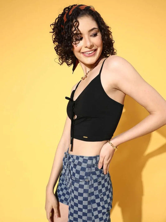 Black Front Ribbed Tie Up Toplette