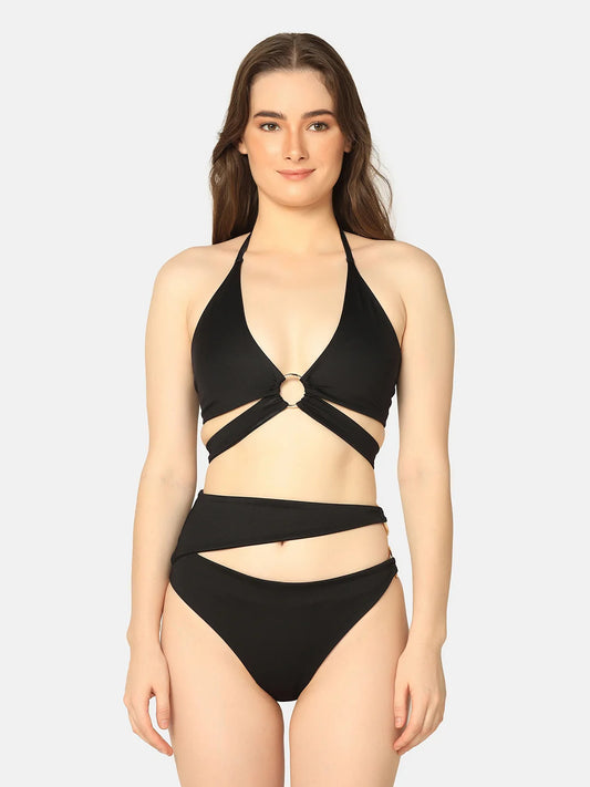 Cut Out Ring Design Stylish Solid Swimwear Set - Da Intimo - Lingerie Online Store India