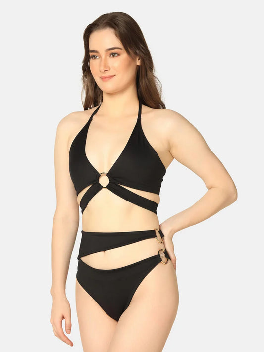 Cut Out Ring Design Stylish Solid Swimwear Set - Da Intimo - Lingerie Online Store India