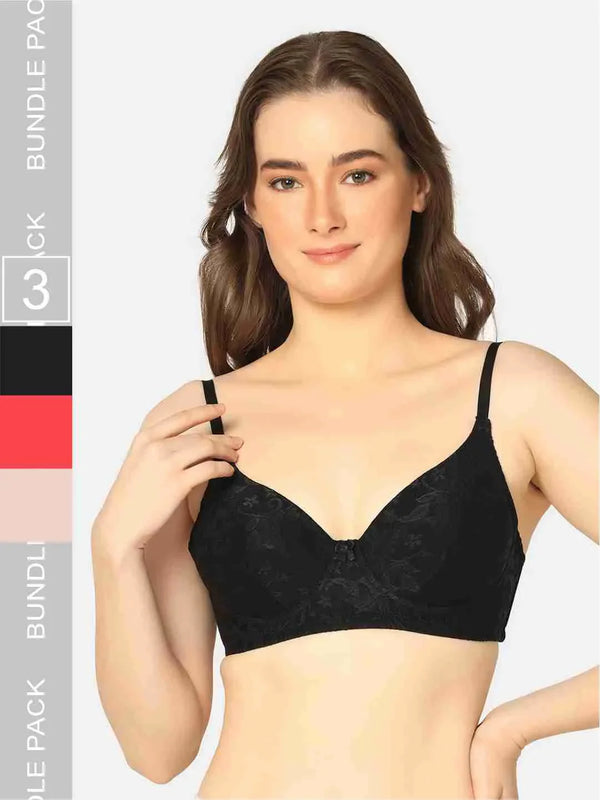 Pack Of 3 Lightly Padded Lacy Design Everyday T-Shirt Bra