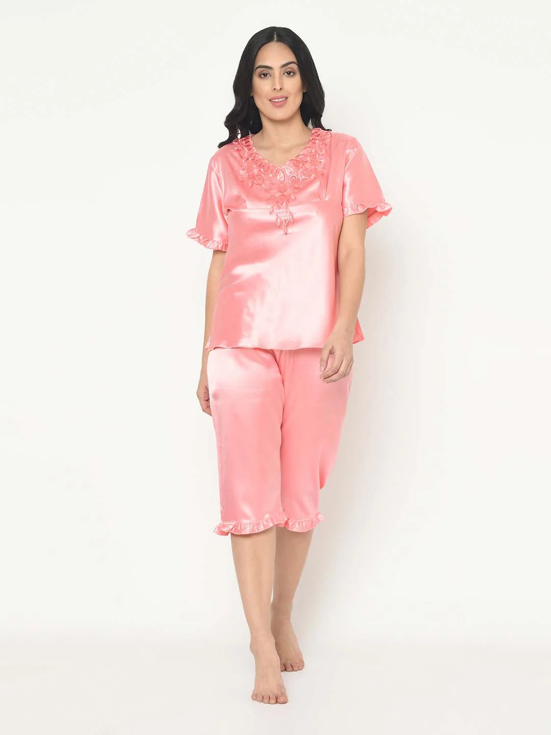 Lace Detail Satin Nightwear Capri Set - Da Intimo - Lingerie Online Store India