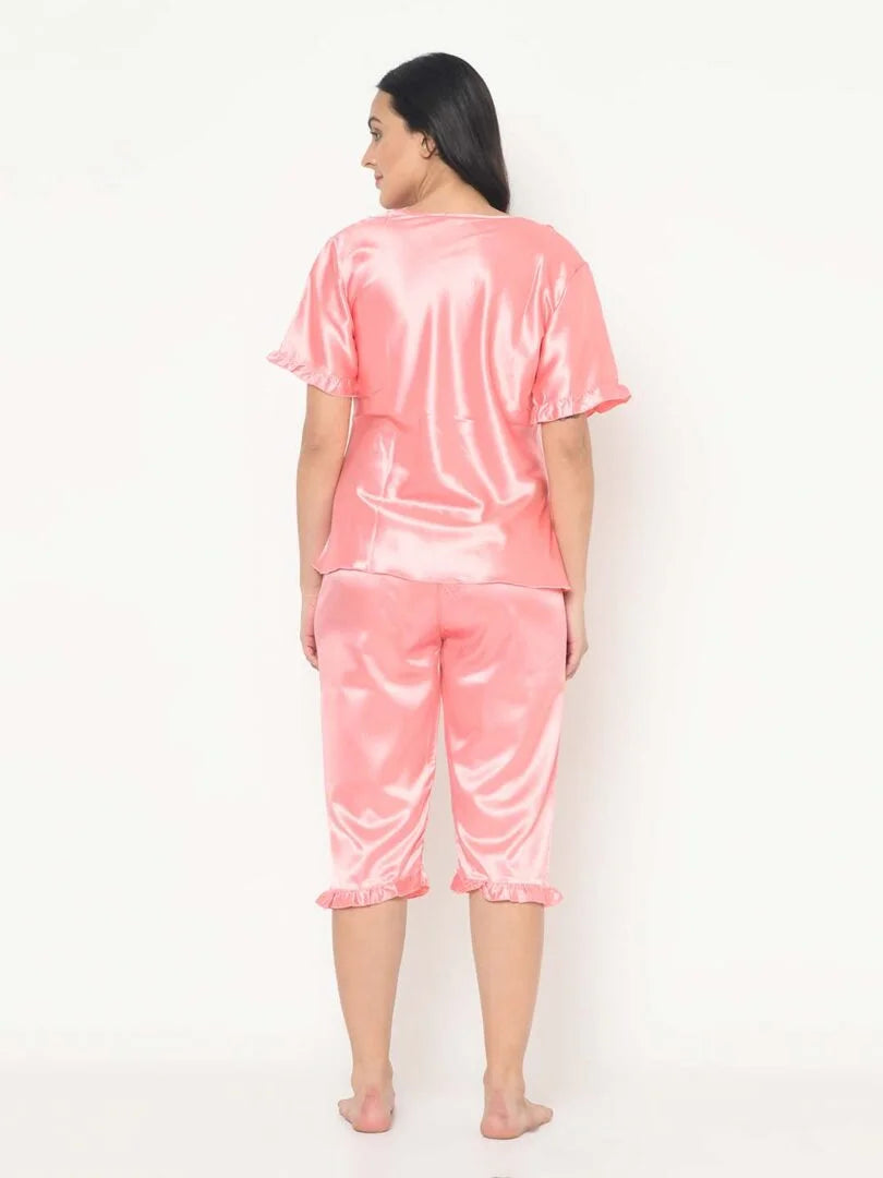 Lace Detail Satin Nightwear Capri Set - Da Intimo - Lingerie Online Store India