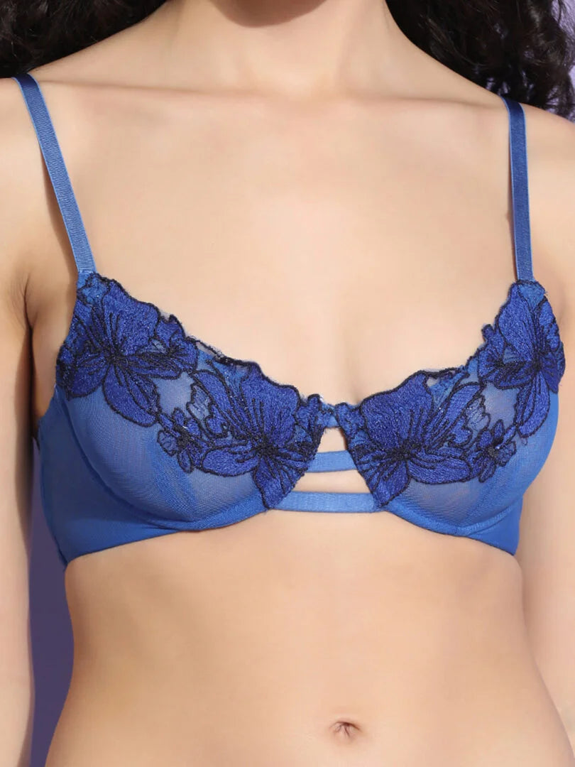Machine Embroidered Flower Patch Design Underwired Bra - Daintimo