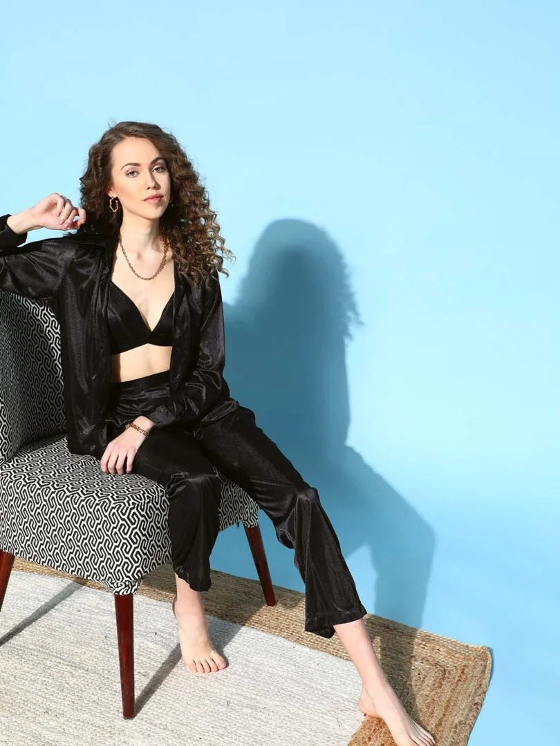 Black Three Piece Satin Bra Co-ord Loungewear Sets - Da Intimo - Lingerie Online Store India