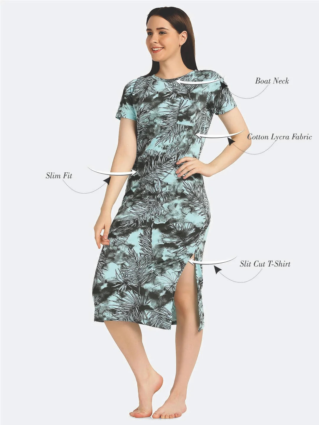 Leaf Printed Long Lounge Maxi T-shirt - Da Intimo - Lingerie Online Store India