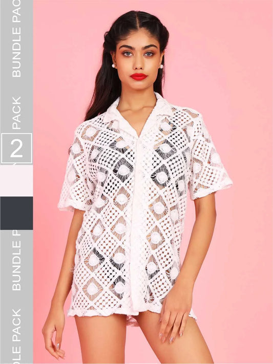 Pack of 2 Delicate Lace Half Sleeves Relaxed Fit Shirt - Da Intimo - Lingerie Online Store India