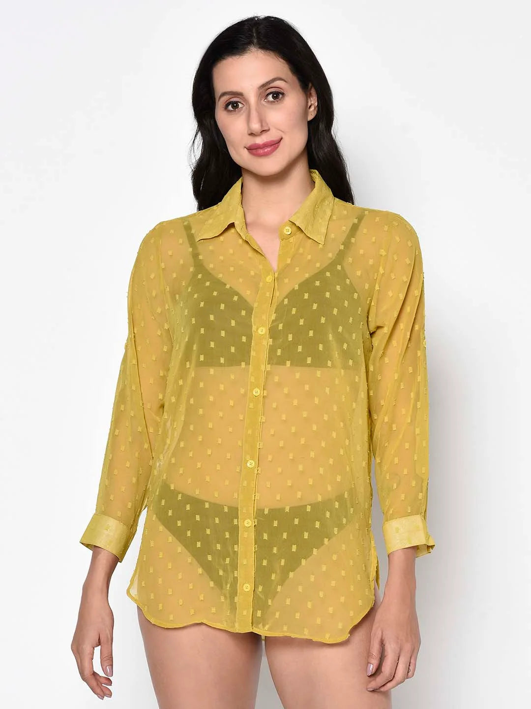 Yellow Self Design Dobby Swim Wear Shirt - Da Intimo - Lingerie Online Store India