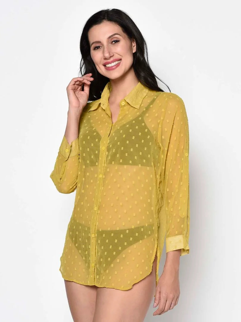 Yellow Self Design Dobby Swim Wear Shirt - Da Intimo - Lingerie Online Store India