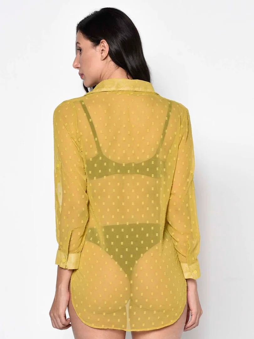 Yellow Self Design Dobby Swim Wear Shirt - Da Intimo - Lingerie Online Store India