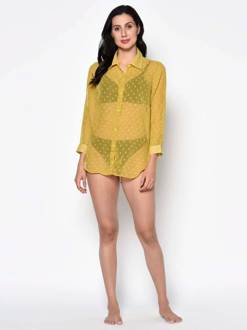 Yellow Self Design Dobby Swim Wear Shirt - Da Intimo - Lingerie Online Store India