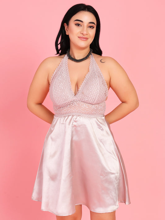 Da Intimo Women's Champagne Gold Satin Bridal Lacy Babydoll