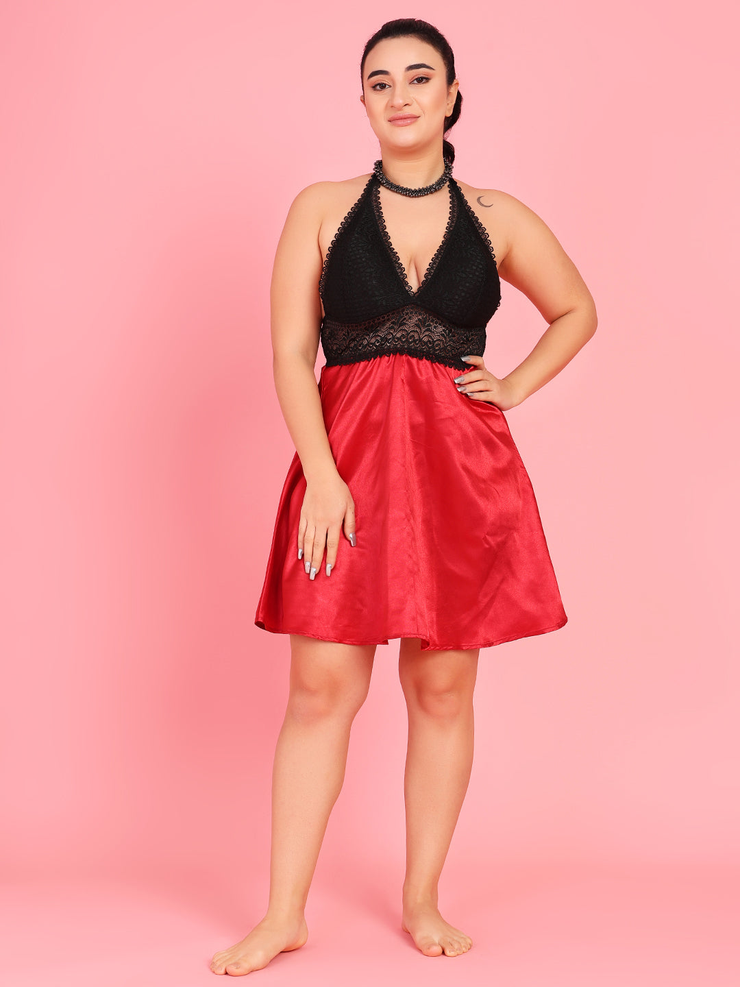 Da Intimo Women's Maroon Satin Bridal Lacy Babydoll