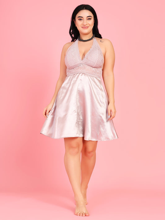 Da Intimo Women's Champagne Gold Satin Bridal Lacy Babydoll