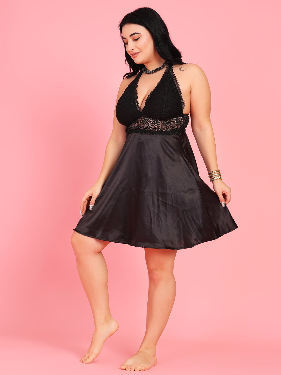 Da Intimo Women's Black Satin Bridal Lacy Babydoll