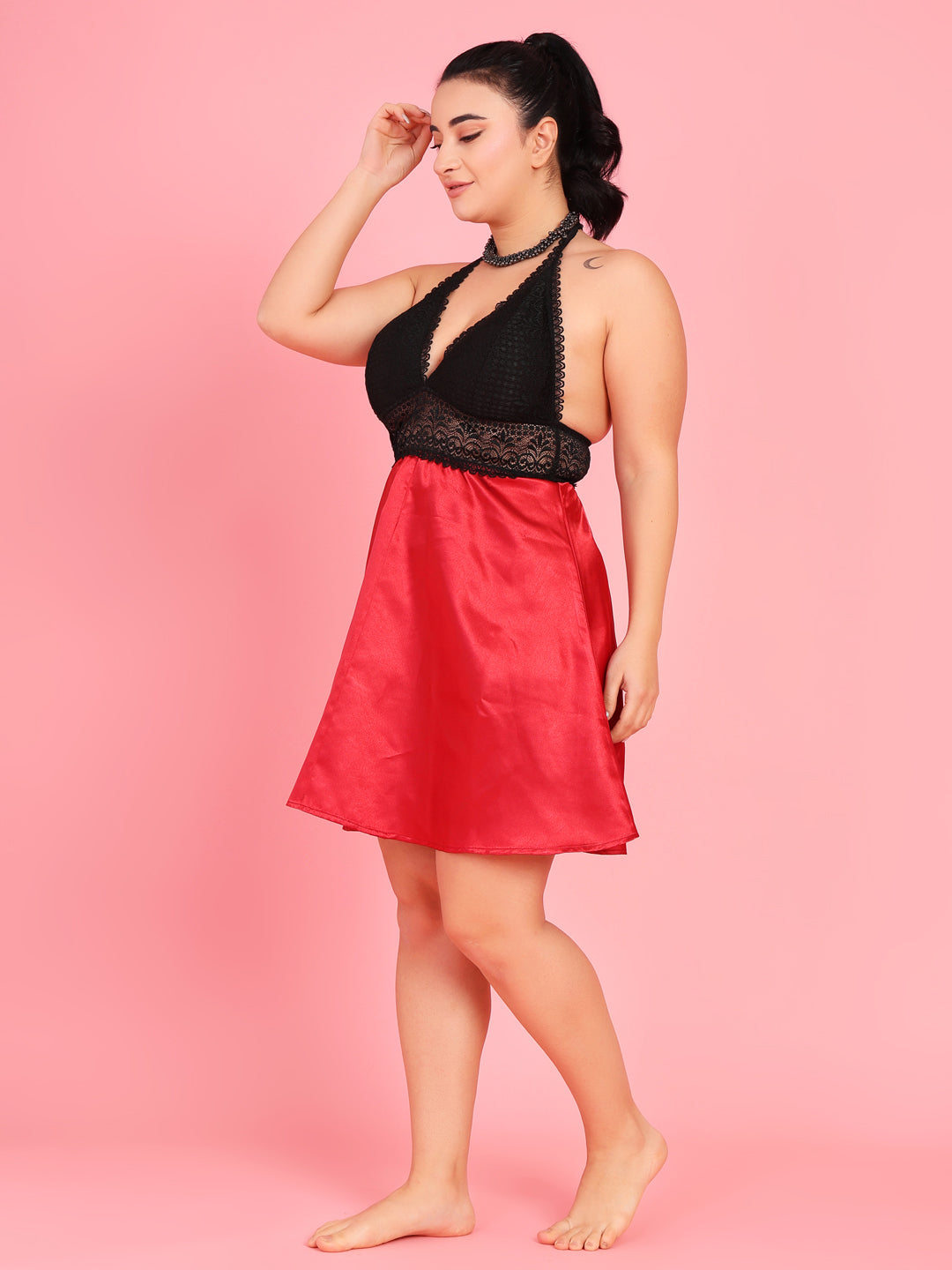 Da Intimo Women's Maroon Satin Bridal Lacy Babydoll