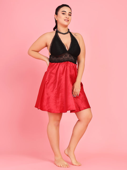 Da Intimo Women's Maroon Satin Bridal Lacy Babydoll