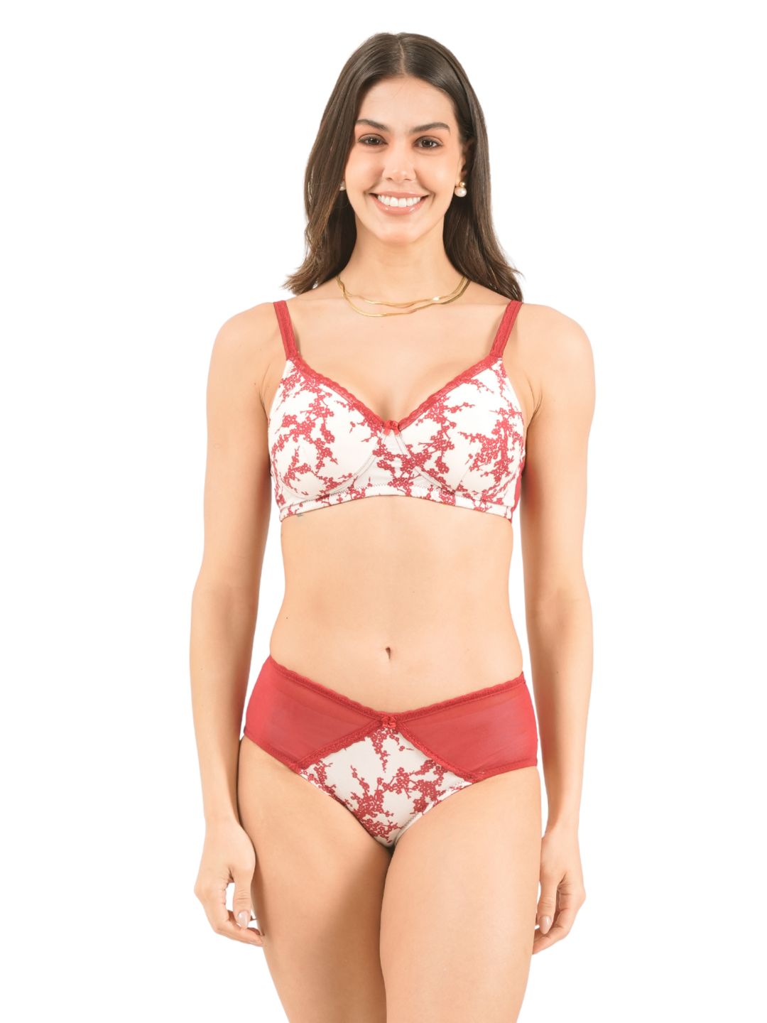 Floral Printed Cotton Mesh Padded Full Coverage Bra & Panty Set with Lace Detailing