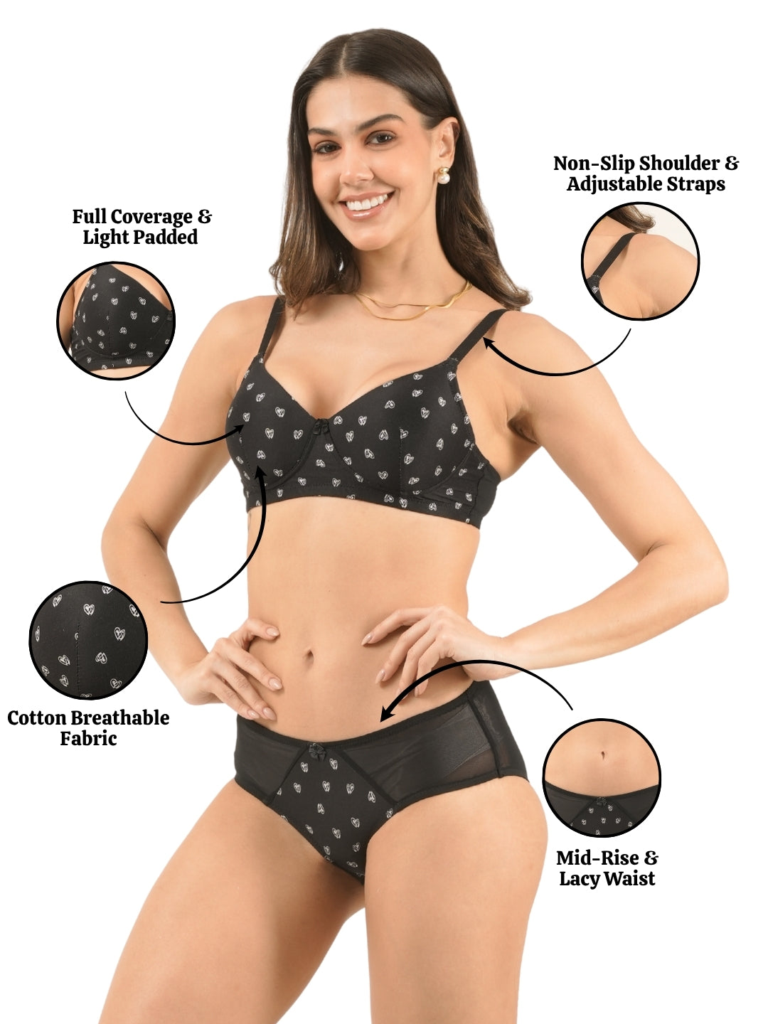 Floral Printed Cotton Mesh Padded Full Coverage Bra & Panty Set with Lace Detailing