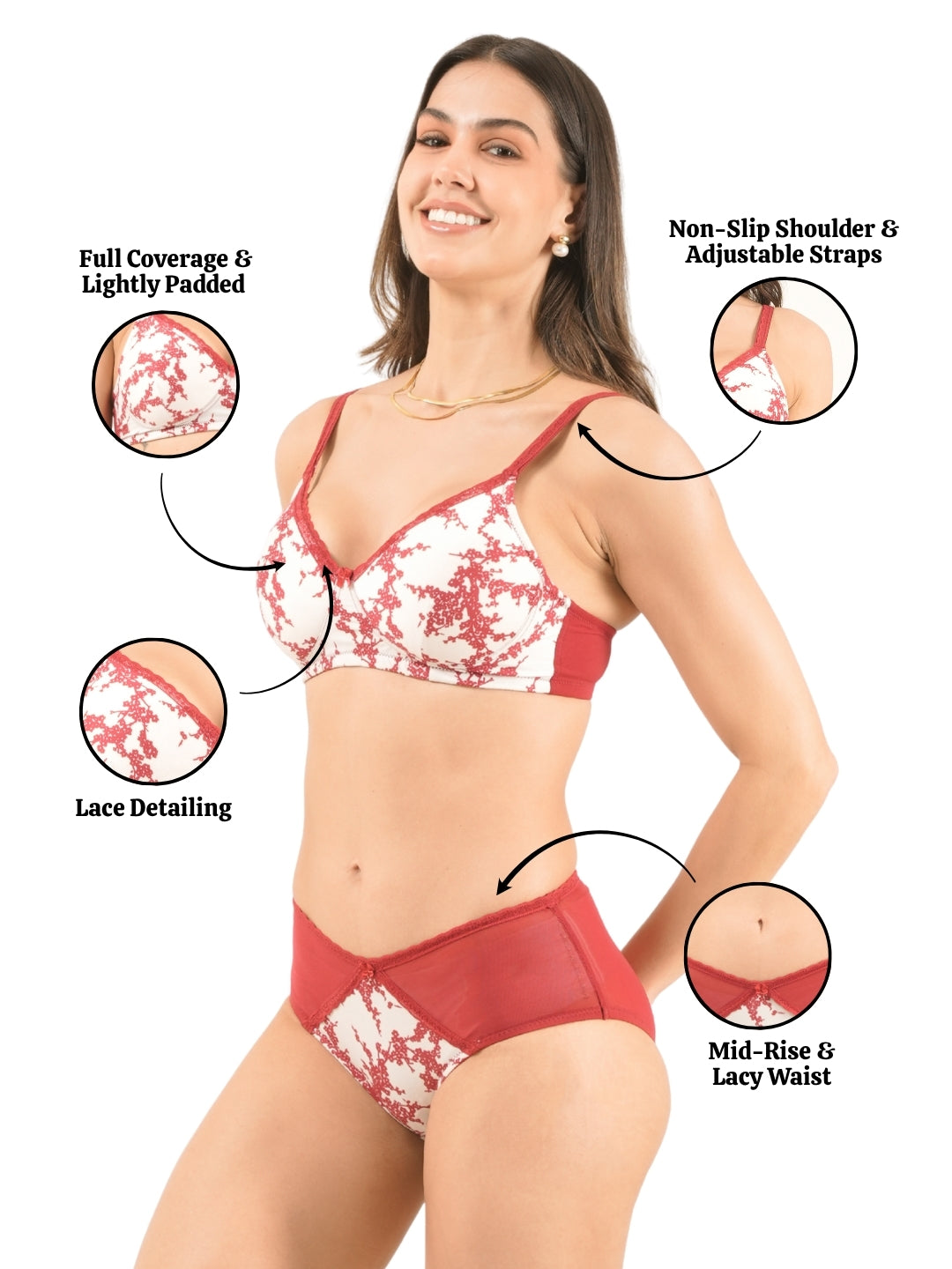 Floral Printed Cotton Mesh Padded Full Coverage Bra & Panty Set with Lace Detailing