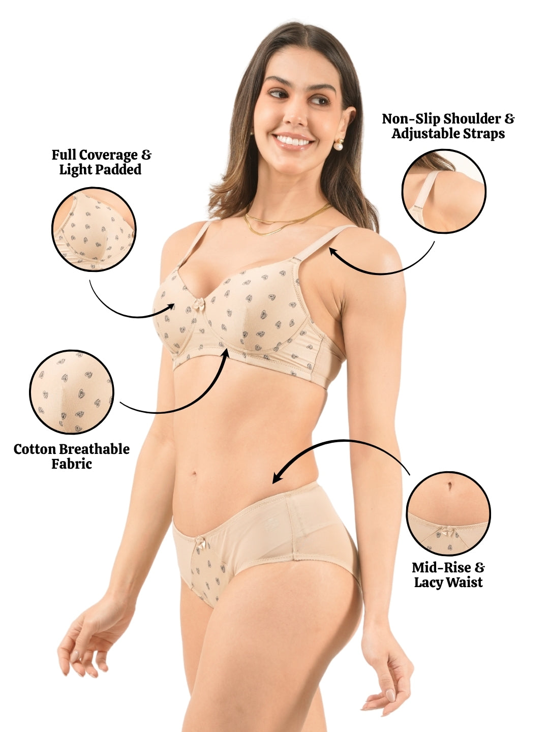 Padded Cotton & Mesh Full Coverage Bra & Panty Set with Heart Print