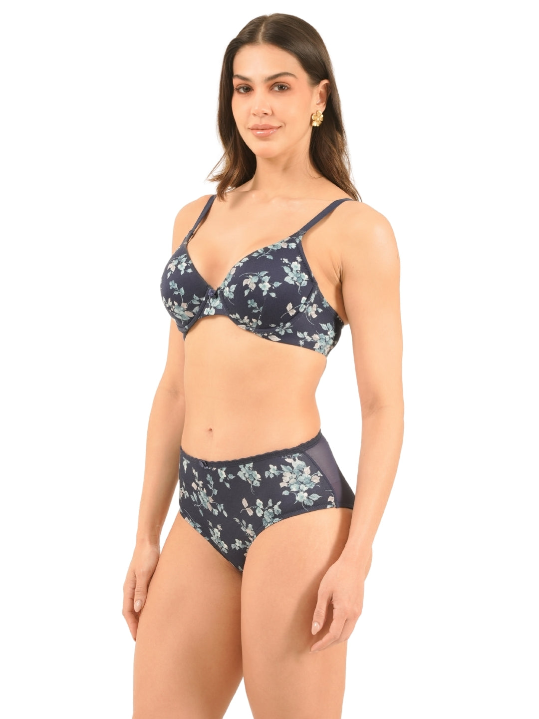 Floral Printed Cotton Wired Padded Full Coverage Bra & Panty Set