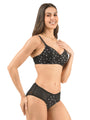 Floral Printed Cotton Mesh Padded Full Coverage Bra & Panty Set with Lace Detailing