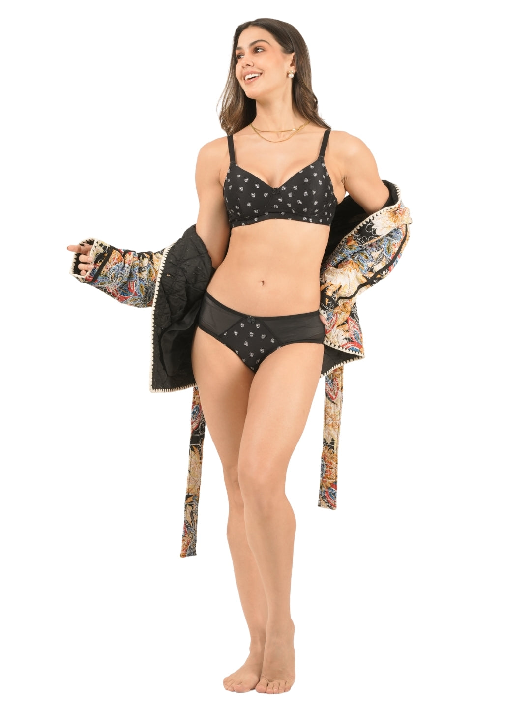 Floral Printed Cotton Mesh Padded Full Coverage Bra & Panty Set with Lace Detailing