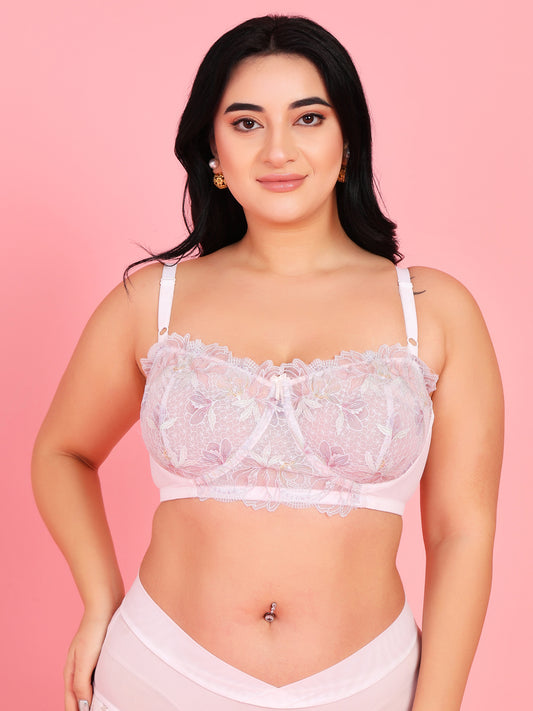 Embroidery Design Underwired Full Coverage White Balconette Bra