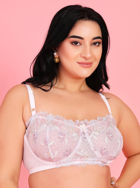 Embroidery Design Underwired Full Coverage White Balconette Bra