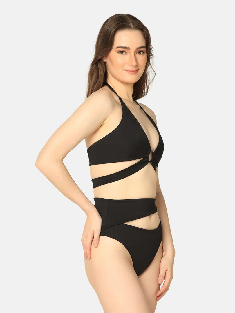 Cut Out Ring Design Stylish Solid Swimwear Set - Da Intimo - Lingerie Online Store India