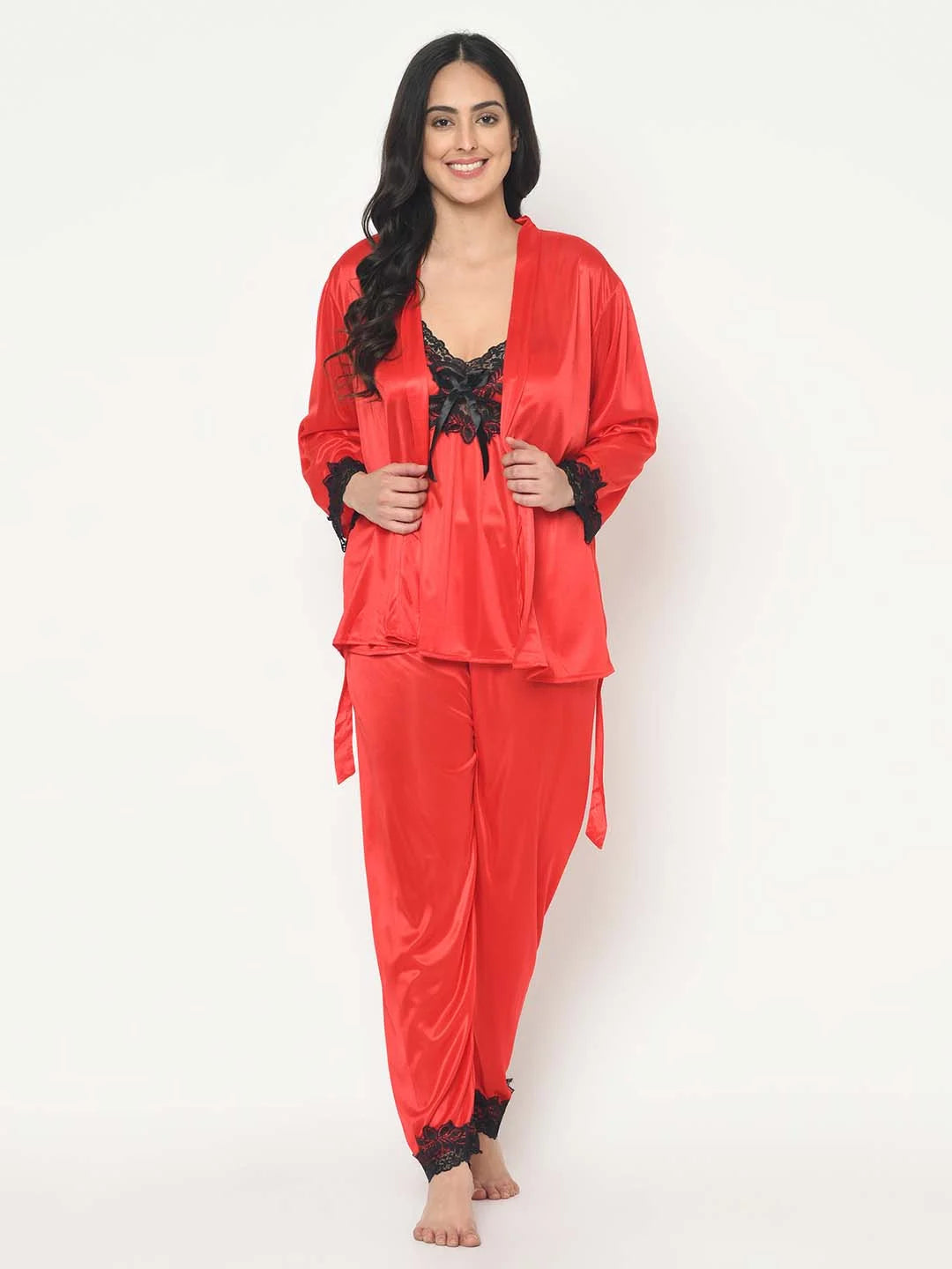 Lace Detail Satin Pajama Set - Da Intimo - Lingerie Online Store India