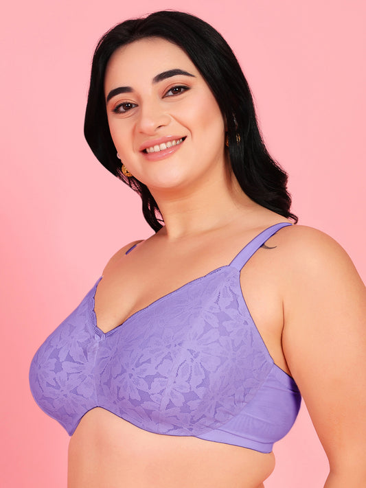 Curvy Love Plus Size Soft Lace Full Coverage Underwire Blue Bra