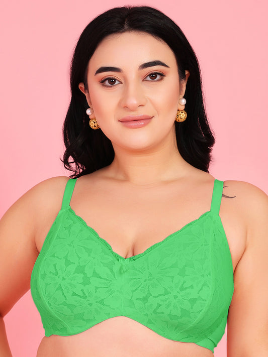 Curvy Love Plus Size Soft Lace Full Coverage Underwire Green Bra