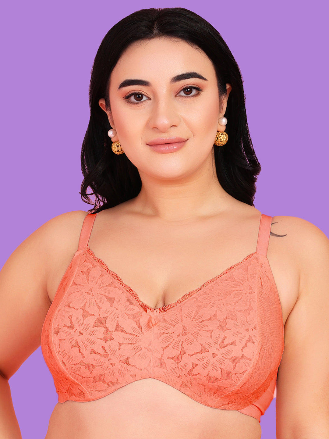 Curvy Love Plus Size Soft Lace Full Coverage Underwire Peach Bra