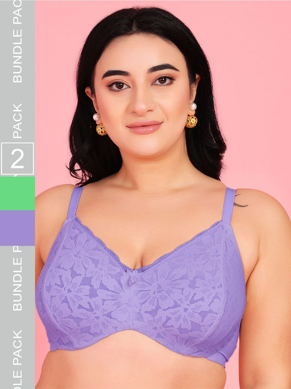 Curvy Love Pack of 2 Plus Size Soft Lace Full Coverage Underwire Green & Blue Bra