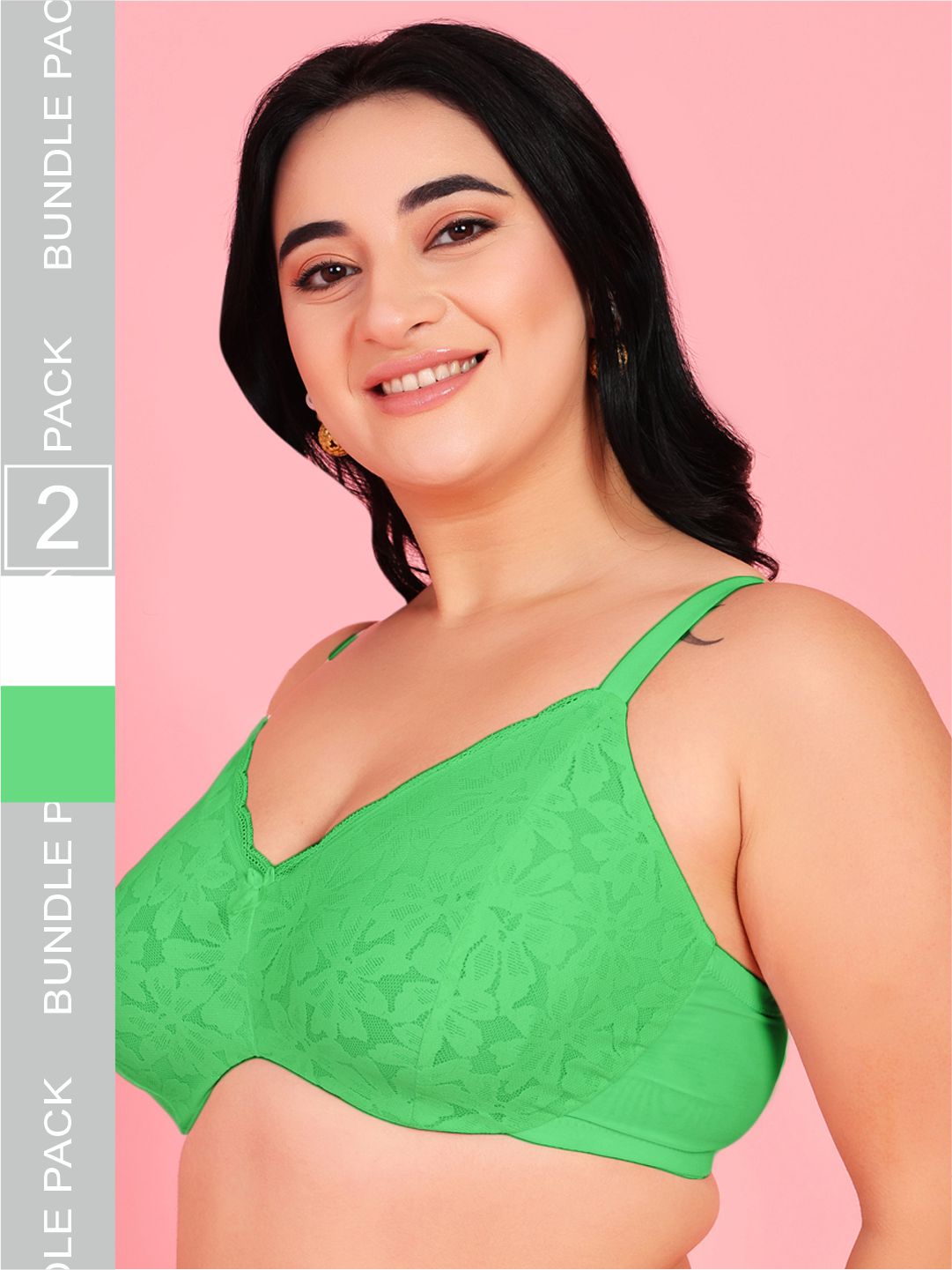 Curvy Love Pack of 2 Plus Size Soft Lace Full Coverage Underwire Green & White Bra