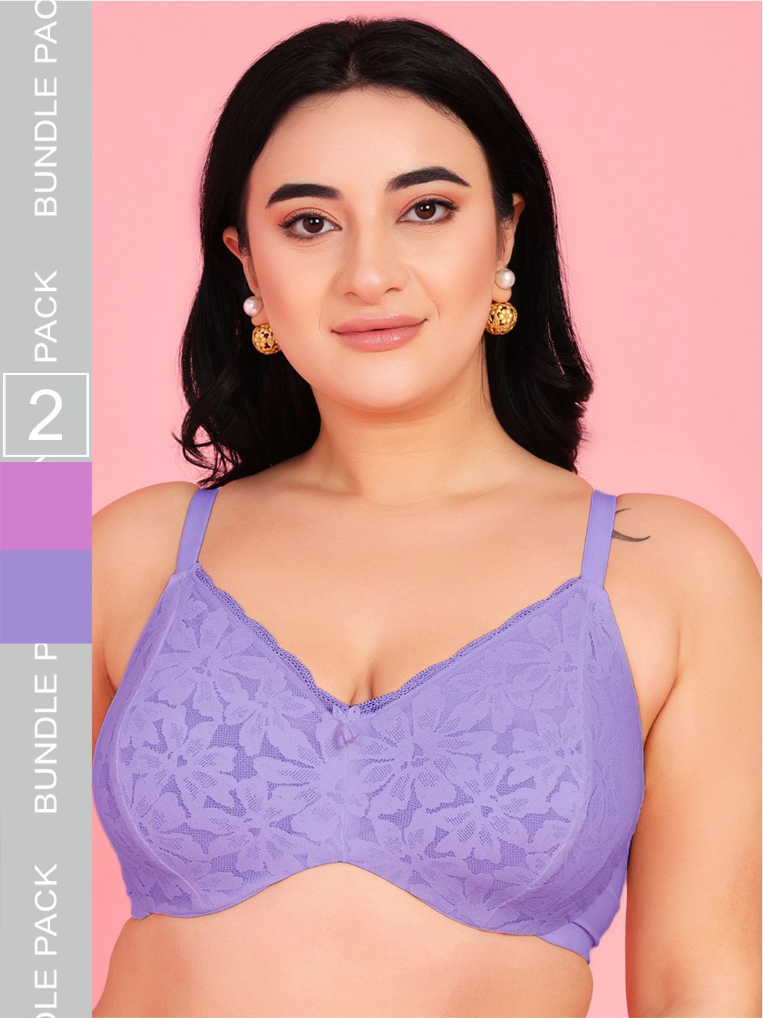 Curvy Love Pack of 2 Plus Size Soft Lace Full Coverage Underwire Mauve & Blue Bra