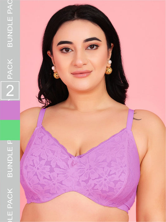 Curvy Love Pack of 2 Plus Size Soft Lace Full Coverage Underwire Mauve & Green Bra