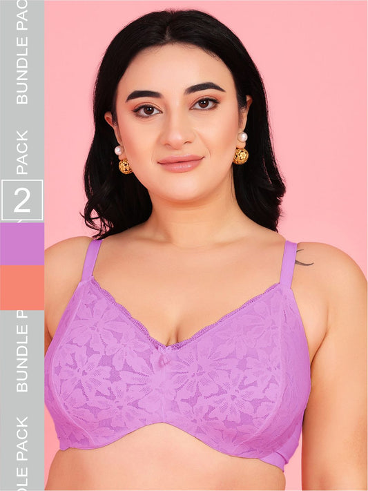 Curvy Love Pack of 2 Plus Size Soft Lace Full Coverage Underwire Mauve & Peach Bra