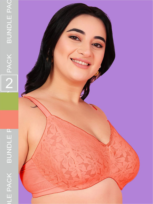 Curvy Love Pack of 2 Plus Size Soft Lace Full Coverage Underwire Parrot & Peach Bra