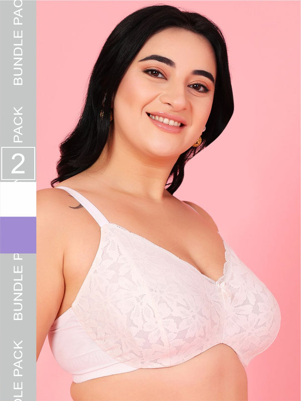 Curvy Love Pack of 2 Plus Size Soft Lace Full Coverage Underwire White & Blue Bra