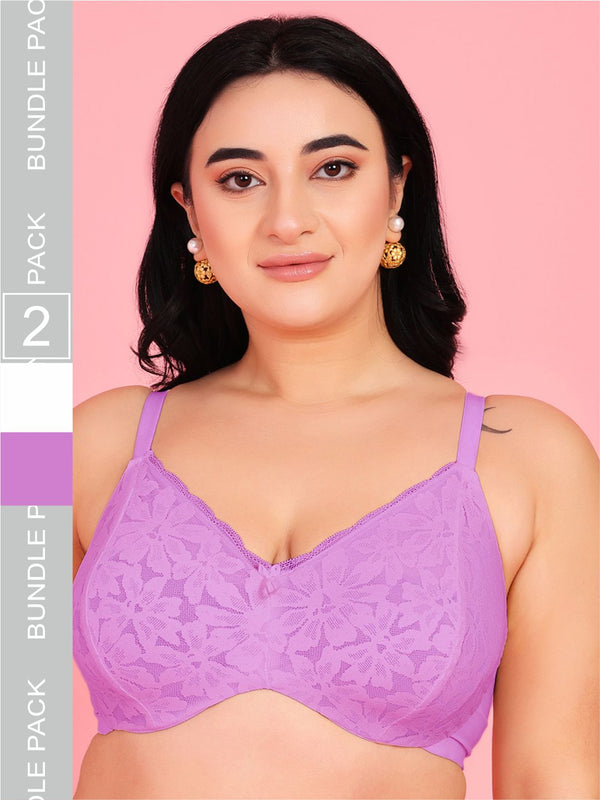 Curvy Love Pack of 2 Plus Size Soft Lace Full Coverage Underwire White & Mauve Bra