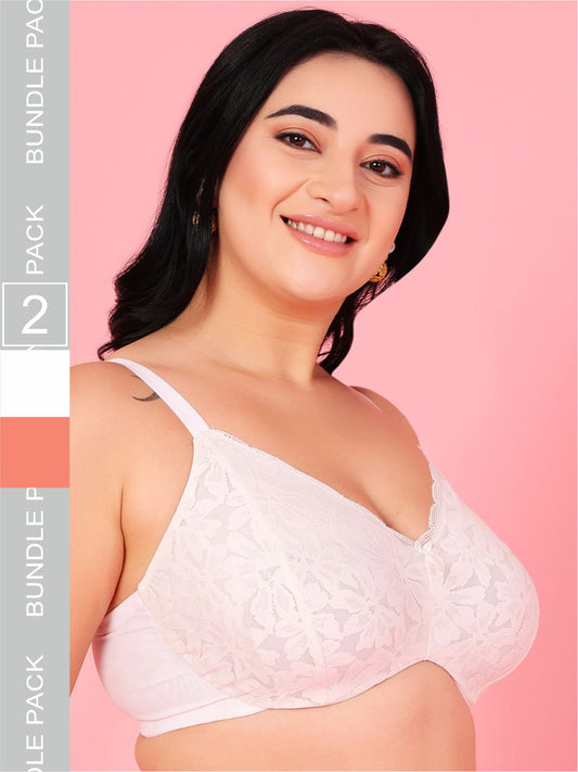 Curvy Love Pack of 2 Plus Size Soft Lace Full Coverage Underwire White & Peach Bra