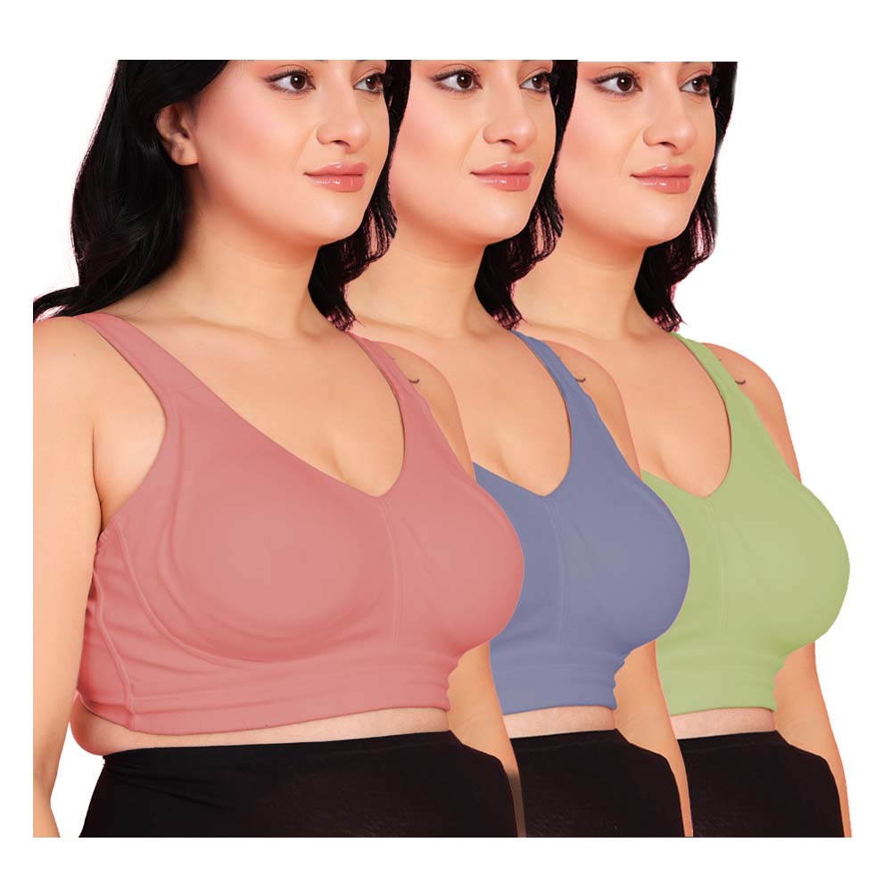 Curvy Love Pack of 3 Plus Size Full Coverage Non Padded Green & Peach & Grey Bra