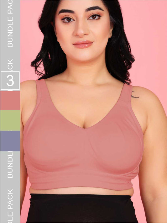 Curvy Love Pack of 3 Plus Size Full Coverage Non Padded Green & Peach & Grey Bra