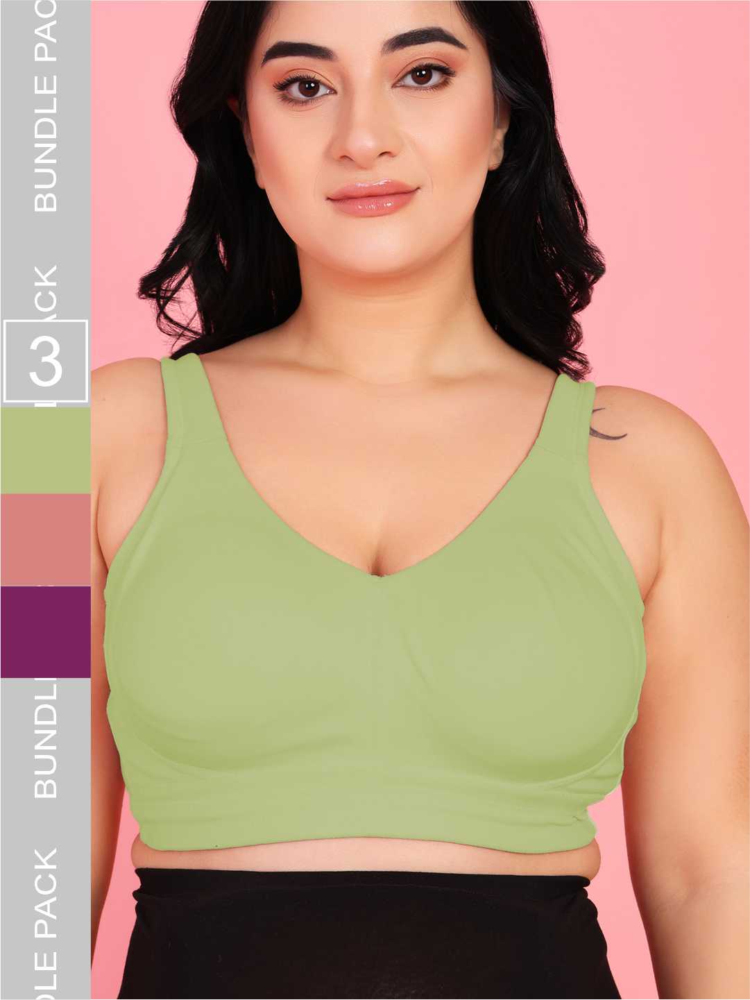 Curvy Love Pack of 3 Plus Size Full Coverage Non Padded Green & Peach & Wine Bra